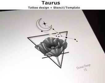 Taurus Horoscope Flower Tattoo | Tattoo Design and Tattoo Stencil/Template | Instant Digital Download - Tattoo Permit