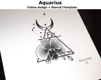 Aquarius Horoscope Flower Tattoo | Tattoo Design and Tattoo Stencil/Template | Instant Digital Download - Tattoo Permit