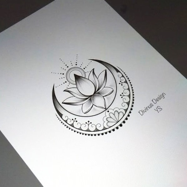 Lotus with Sun and Moon tattoo design and Stencil - Instant Digital Download - Tattoo Permit