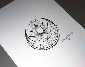 Lotus with Sun and Moon tattoo design and Stencil - Instant Digital Download - Tattoo Permit