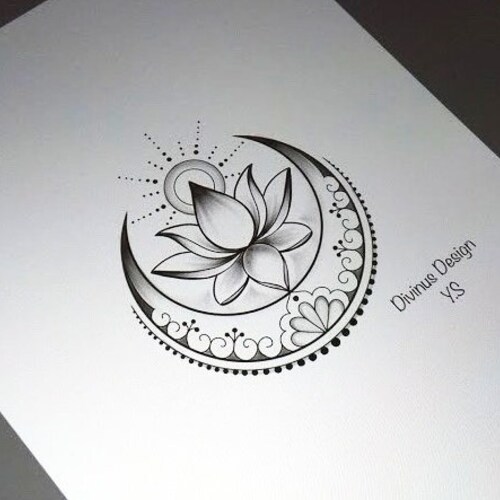 Lotus With Sun And Moon Tattoo Design And Stencil Instant Etsy