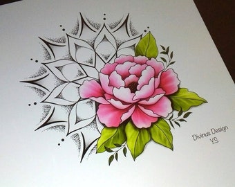 Peony Flower and Sun Mandala Tattoo - Instant Digital Download - Tattoo design and Stencil/Template - Tattoo Permit