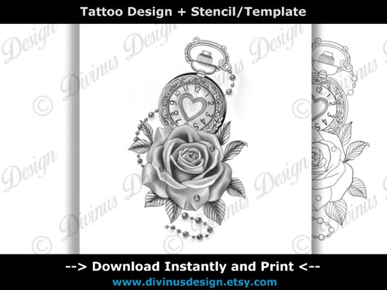 Tattoo Design and Stencil Clock and Rose Tattoo Design Etsy