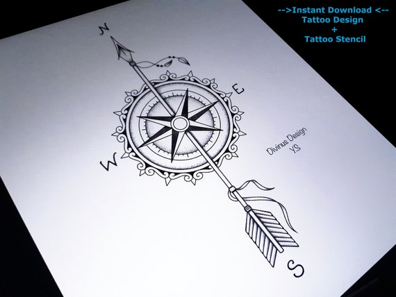 Compass Rose and Arrow Tattoo Design and Stencil/template 