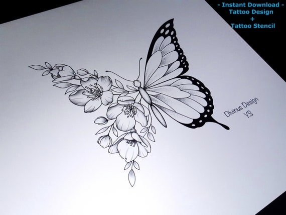 Half Butterfly and Half Flowers Tattoo Design Stencil/tattoo - Etsy Half Butterfly and Half Flowers Tattoo Design Stencil/tattoo - Etsy