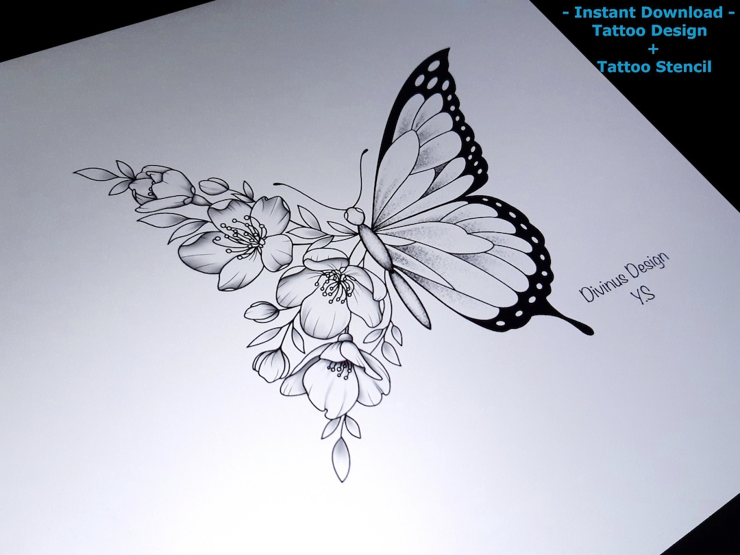 Half Butterfly and Half Flowers Tattoo Design Stencil/tattoo Template  Floral Butterfly Tattoo Instant Digital Download Tattoo Permit - Etsy