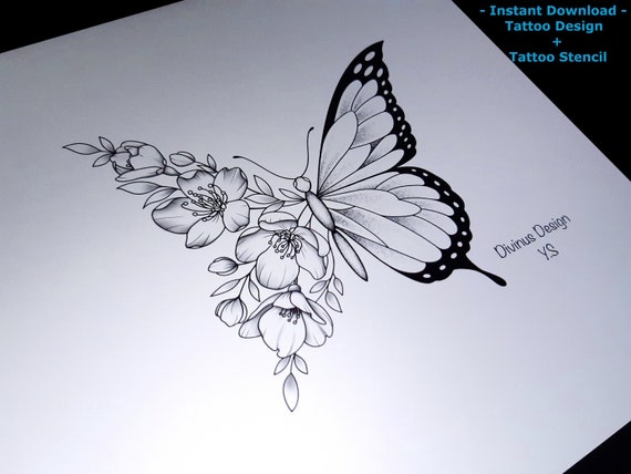 Half Butterfly and Half Flowers Tattoo Design Stencil/tattoo