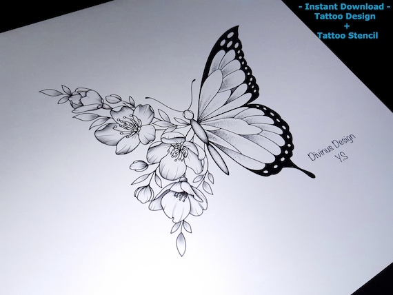 Half Butterfly and Half Flowers Tattoo Design Stencil/tattoo