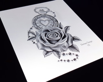 Tattoo design and Stencil - Clock and rose tattoo design - rose flower and pocket watch tattoo - Instant Digital Download - Tattoo Permit
