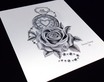 Tattoo design and Stencil - Clock and rose tattoo design - rose flower and pocket watch tattoo - Instant Digital Download - Tattoo Permit