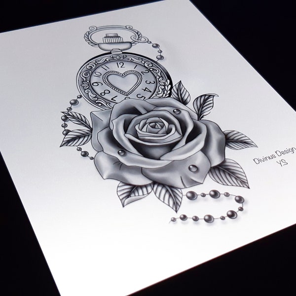 Tattoo design and Stencil - Clock and rose tattoo design - rose flower and pocket watch tattoo - Instant Digital Download - Tattoo Permit