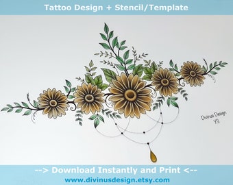 Colored Sunflower Sternum Tattoo Design and Stencil/Template - Instant Digital Download - Tattoo Permit