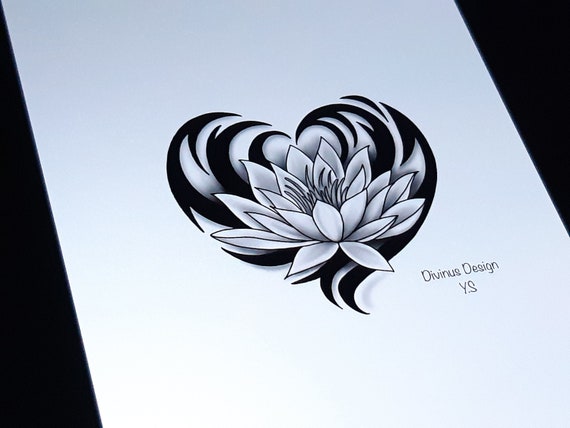 Tribal Heart Lotus Flower Tattoo Design and Stencil Instant - Etsy Tribal Heart Lotus Flower Tattoo Design and Stencil Instant - Etsy