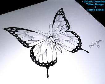 Butterfly Tattoo Design and Stencil - Butterfly Tattoo template - Instant Digital download - Tattoo Permit