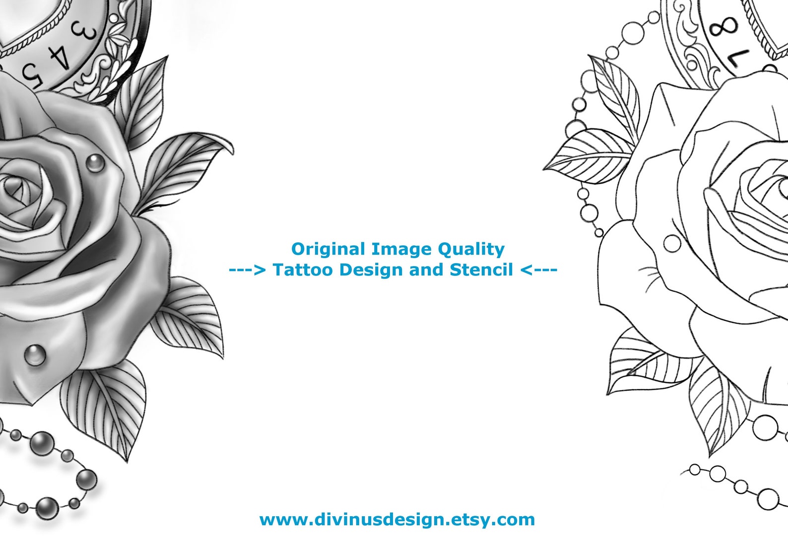 Tattoo Design and Stencil Clock and Rose Tattoo Design Etsy