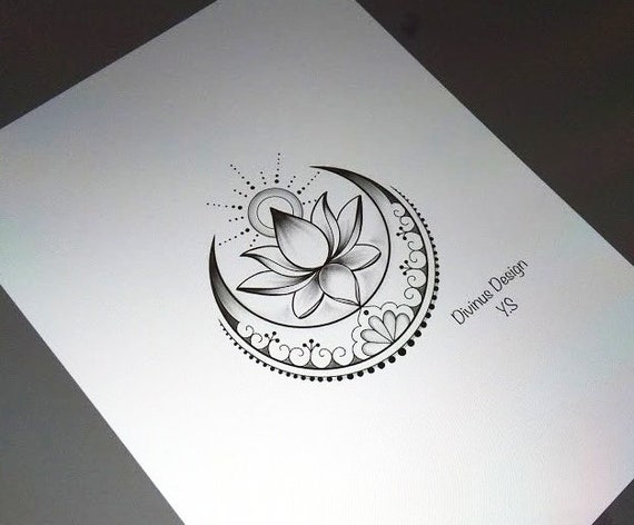 Lotus With Sun And Moon Tattoo Design And Stencil Instant Etsy