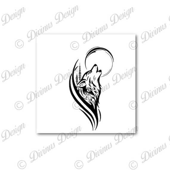 Tribal Wolf And Moon Tattoo Design