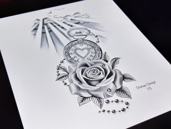 Buy Pocket Watchroseclouds Tattoo Design Rose Flower and Online in India   Etsy