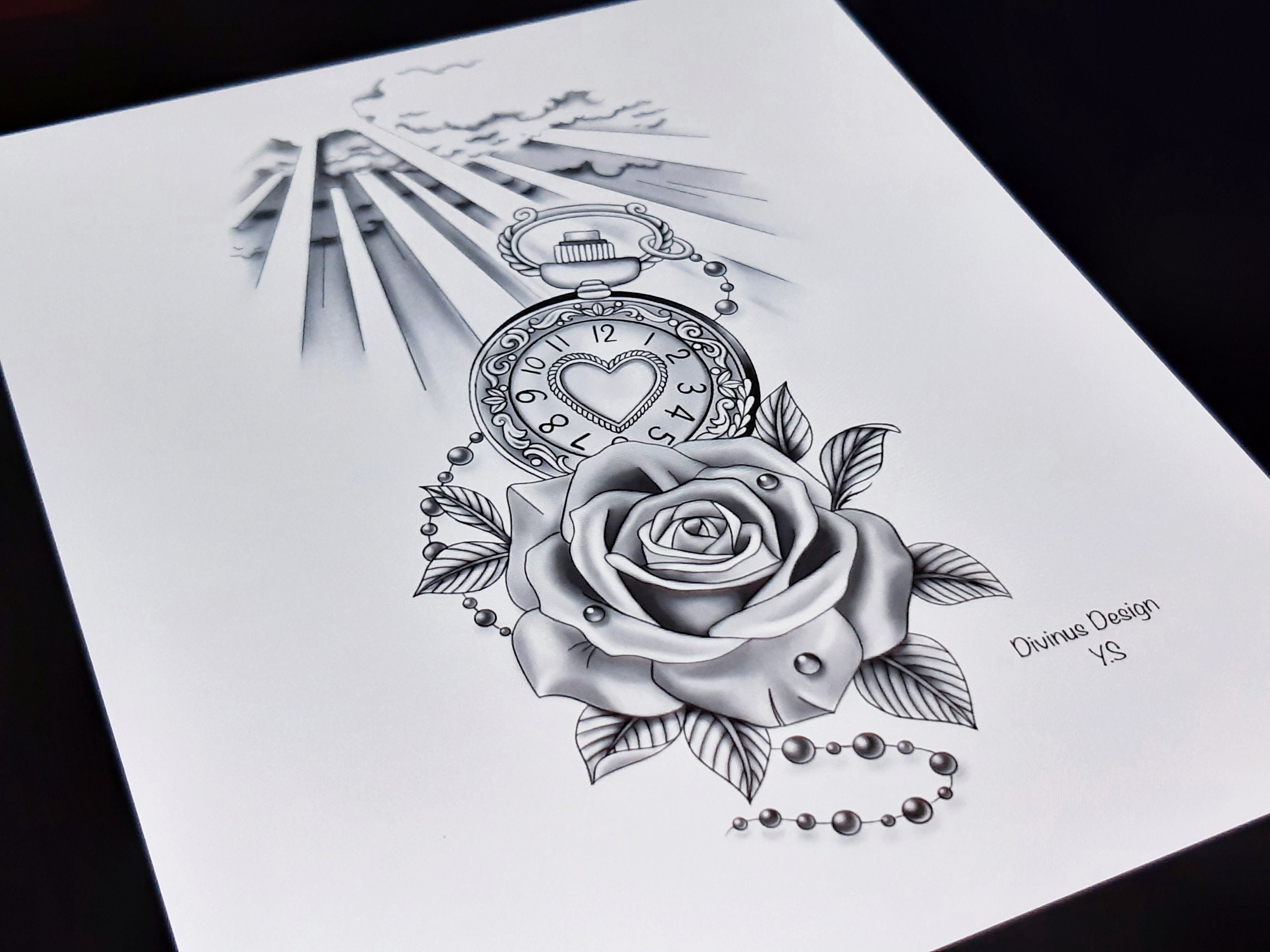 Pocket Watch-rose-clouds Tattoo Design Rose Flower and - Etsy Pocket Watch-rose-clouds Tattoo Design Rose Flower and - Etsy