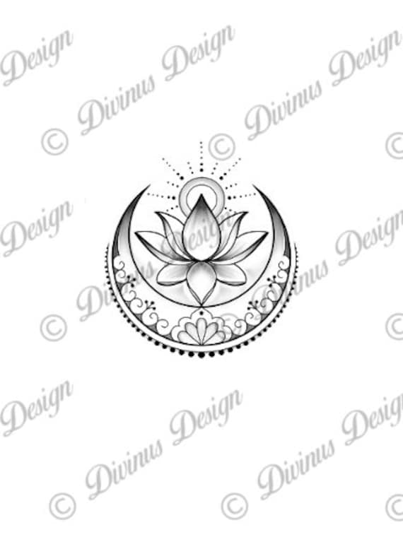 Lotus With Sun And Moon Tattoo Design And Stencil Instant Etsy