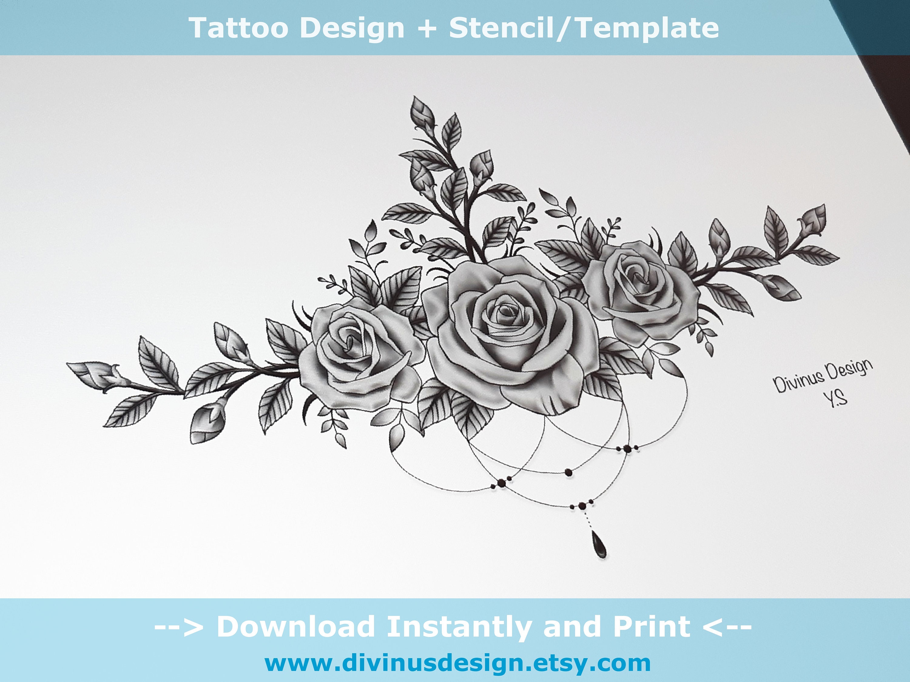 Black and Gray Colored Roses Sternum Tattoo Design and Etsy UK