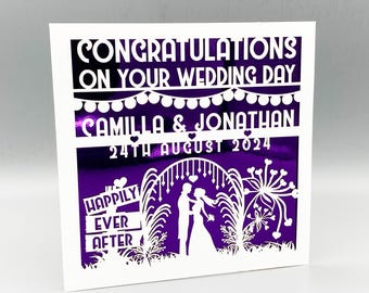 Carte de mariage personnalisée Félicitations, carte de voeux personnalisée pour le jour du mariage, découpée dans du papier, pour les jeunes mariés, carte d'anniversaire de mariage