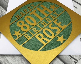 Tarjeta de cumpleaños personalizada cortada a láser: incrustación de purpurina, edad personalizada