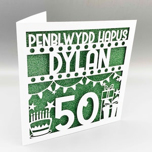 Carte 50e anniversaire gallois personnalisée pour femme Carte 50e anniversaire personnalisée pour homme Carte de voeux 50e anniversaire en gallois découpée au laser Penblwydd Hapus Gift