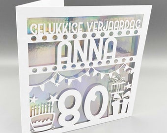 Tarjeta de felicitación personalizada para 80 cumpleaños, cortada a láser en holandés.