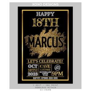 Joyeux 18e anniversaire Invitation d'anniversaire à imprimer pour garçon 18e Invitation en téléchargement numérique Invitation de fête d'anniversaire pour 18e Bleu