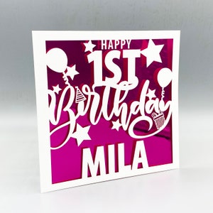 Gepersonaliseerde 1e verjaardagskaart meisje Aangepaste 1e verjaardagskaart voor jongen 1e wenskaart Papercut 1e verjaardagskaart Lasercut 1e verjaardagscadeau
