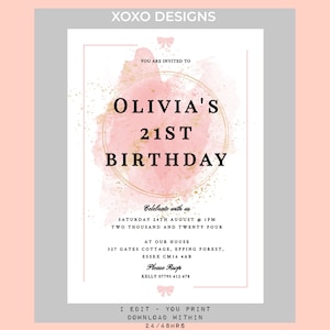 21 Geburtstagseinladung 21 Einladung Printable Birthday Girl 21 Einladung Digital Download Einladung Geburtstagsparty-Einladung für Frauen 21 rosa