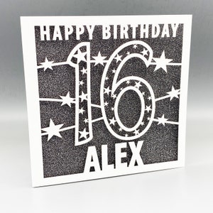 Tarjeta de cumpleaños número 16 personalizada para ella Tarjeta de cumpleaños número 16 personalizada para él 16.a tarjeta de felicitación Papercut 16.o cumpleaños Lasercut 16.o regalo