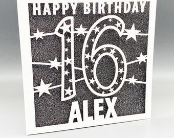 Personalised 16th Birthday Card, Laser Cut Papercut, Glitter Inlay
