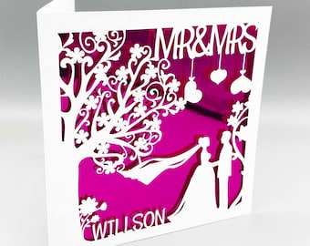 Carte de mariage personnalisée Félicitations, carte de voeux personnalisée pour le jour du mariage, découpée dans du papier, pour les jeunes mariés, carte d'anniversaire de mariage