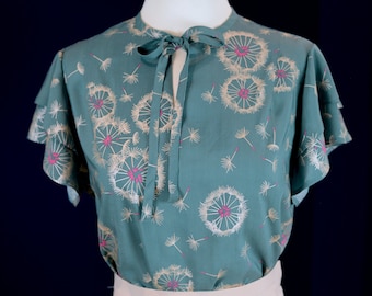 30s vintage style blouse in dusty teal with silver dandelion pappus, size US 4