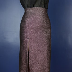 Vintage 50s style high waist pencil skirt with a front slit in rose gold lamé, US sizes 0 to 30