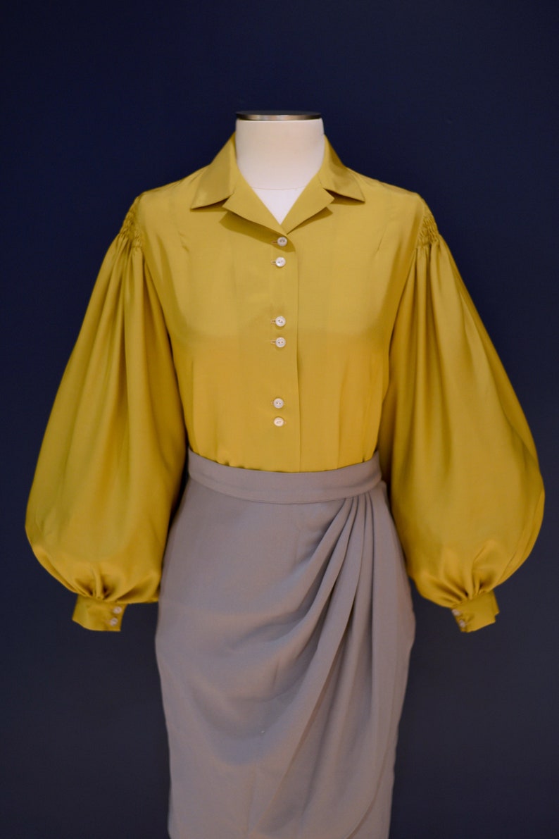 Indian Summers Inspired Clothing     Vintage 30s style button down blouse in mustard cupro rayon with balloon sleeves sizes US 0 to 30  AT vintagedancer.com