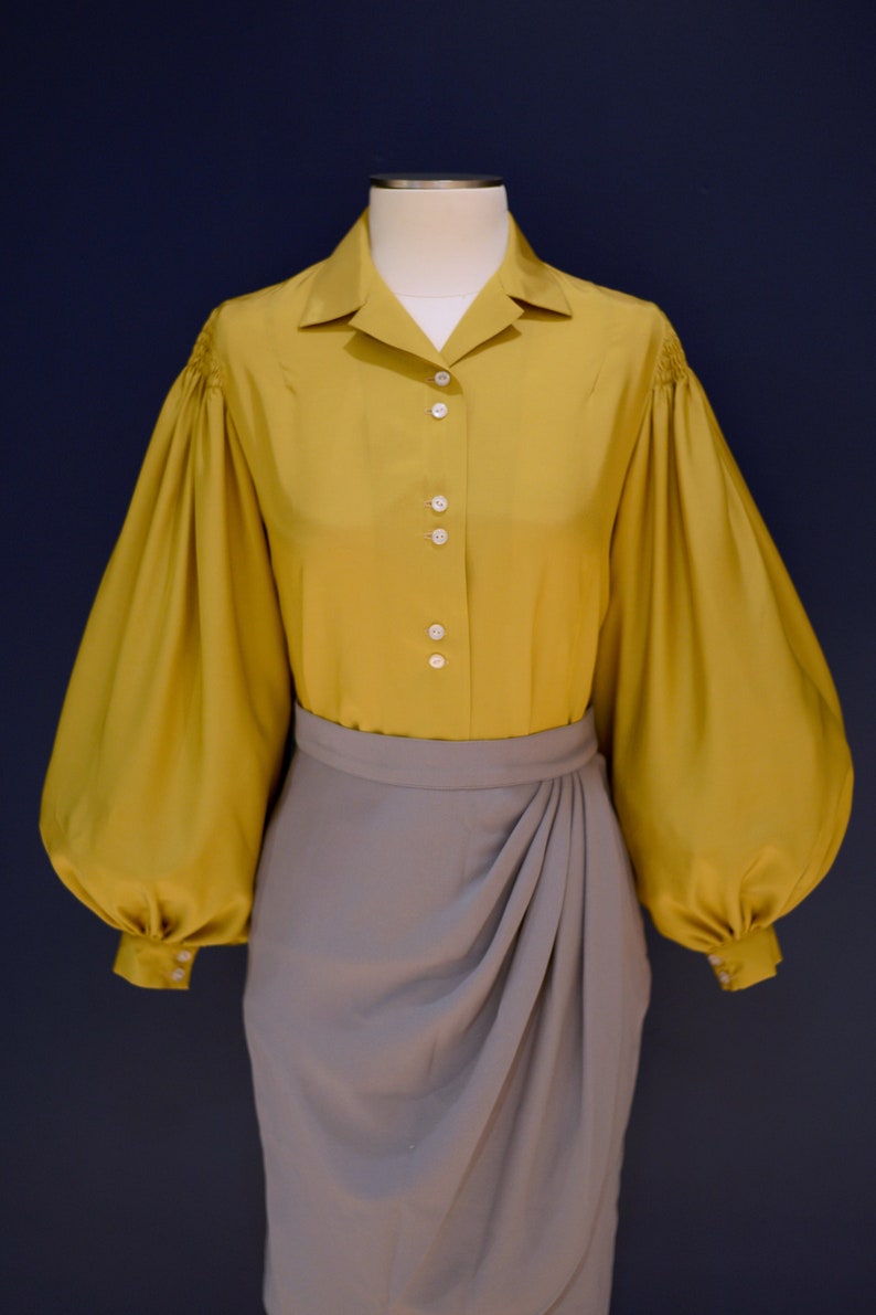 1930s Dresses | 30s Art Deco Dress     Vintage 30s style button down blouse in mustard cupro rayon with balloon sleeves sizes US 0 to 30  AT vintagedancer.com