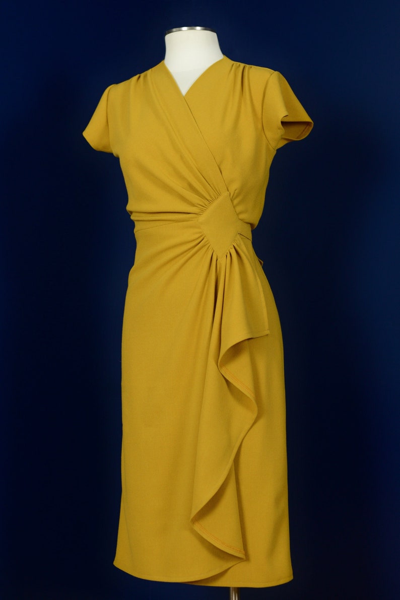 1940s Fashion Advice for Tall Women     Vintage 40s style wrap dress in gold / mustard yellow sizes XXS-2XL  AT vintagedancer.com