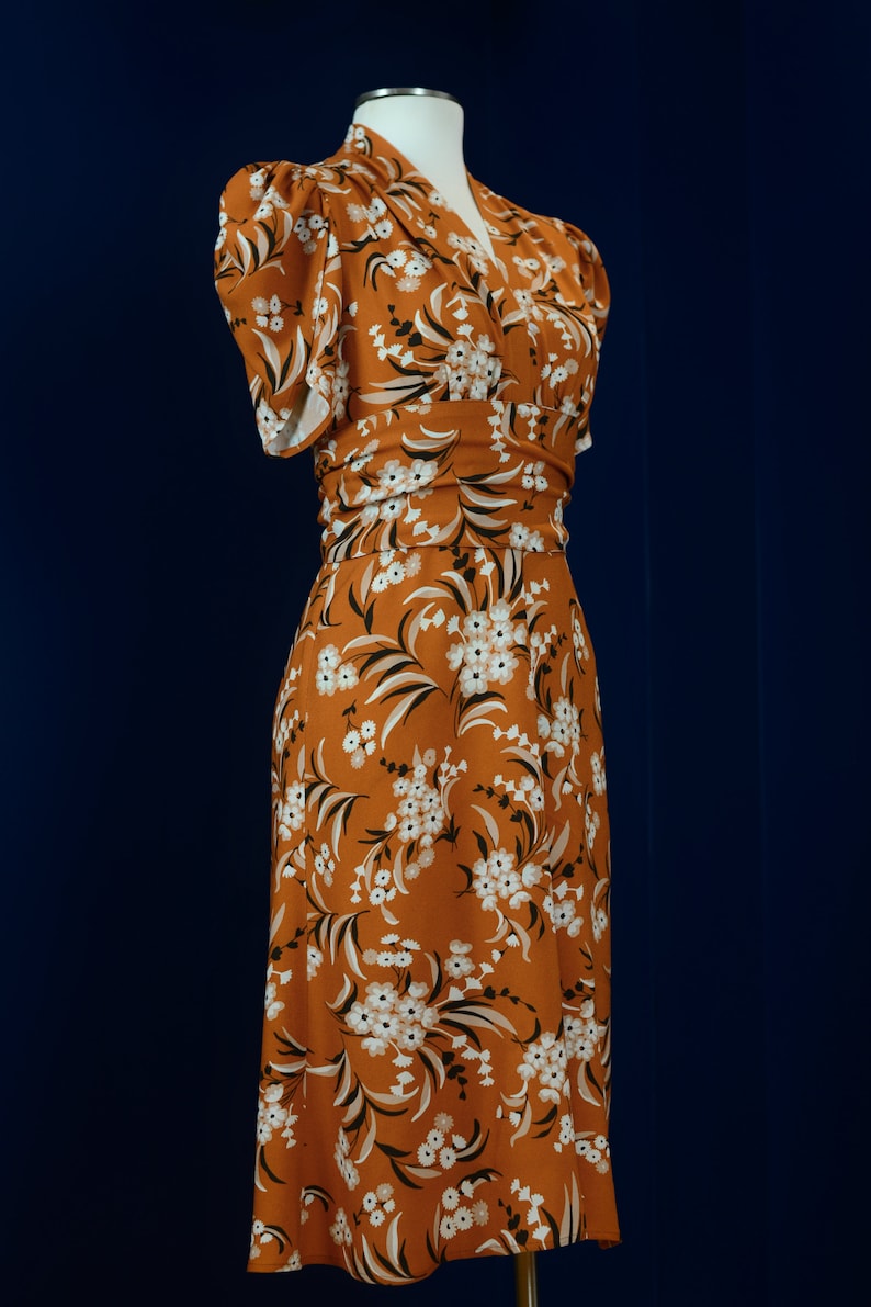 1930s Dresses | 30s Art Deco Dress     Vintage 1930s style dress in burnt orange with bouquets of flowers sizes 0 to 30  AT vintagedancer.com