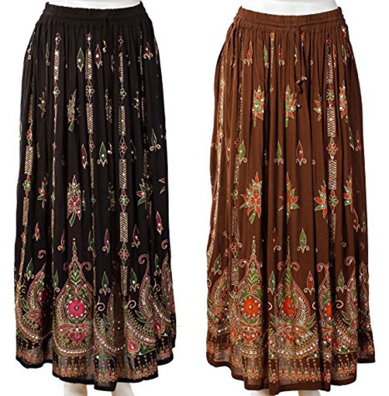 Women/'s Indian Sequin/'s Crinkle Broomstick Gypsy Long Skirt Boho Vtg Hippie Ethnic Free size