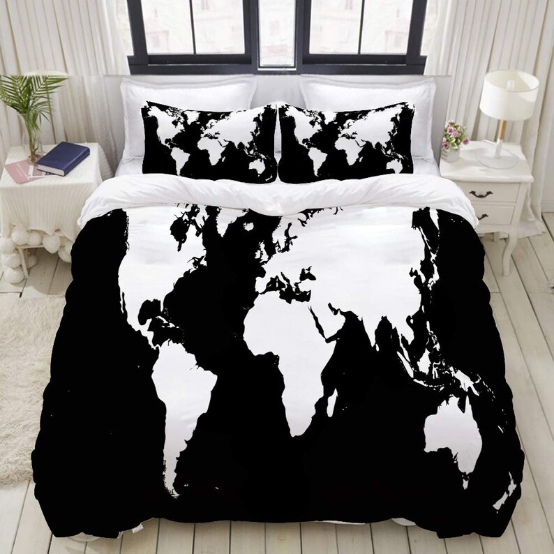 Black & White World Map Duvet Cover Bohemian Queen Comforter Blanket