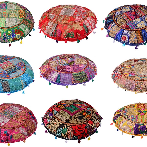 Large 32" Rajasthani Khambadiya Cushion Pouf Cases Ottoman Sham Patchwork Large Round Floor Pillow Cover Meditation Cushions Cover