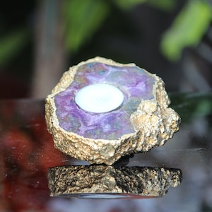 Amazing Purple Amethyst Candle Holder Golden Plated Healing Power Stone Meditation Candles Holder image 6