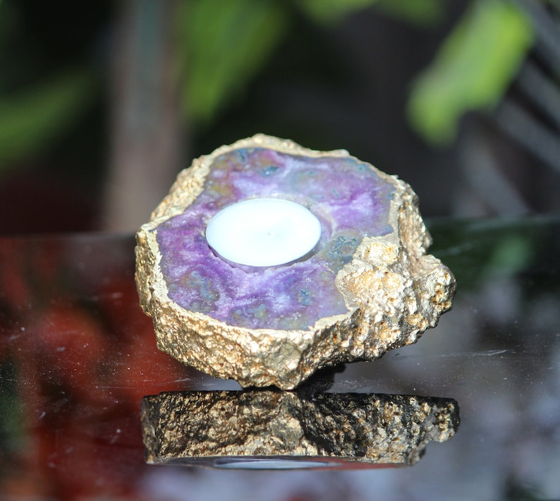 Amazing Purple Amethyst Candle Holder Golden Plated Healing Power Stone Meditation Candles Holder image 6