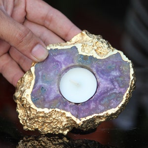 Amazing Purple Amethyst Candle Holder Golden Plated Healing Power Stone Meditation Candles Holder image 3