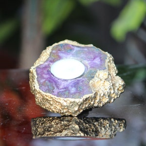 Amazing Purple Amethyst Candle Holder Golden Plated Healing Power Stone Meditation Candles Holder image 5