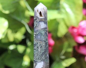 165MM Druzy Moss Agate Tower: Green Obelisk Crystal, Healing Stone, Home Decoration