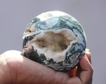 Amazing | Large ~ 90MM | Druzy Green Moss Agate With Best Smile Face Healing Crystal Metaphysical Meditation Sphere Ball